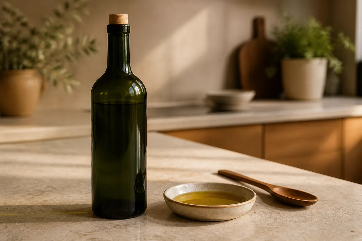 Bouteille en verre teinté et coupelle d’huile d’olive posées sur un plan de travail clair
