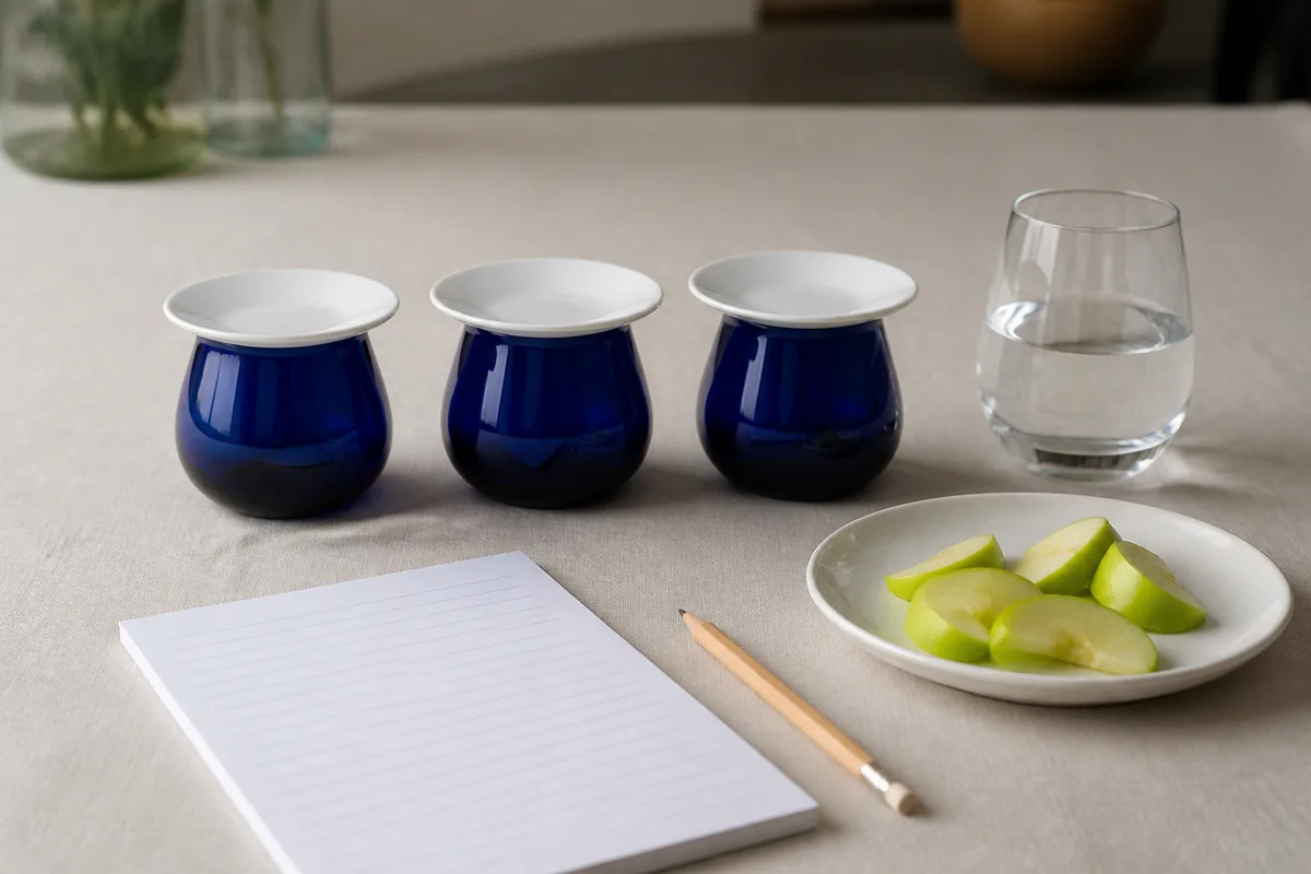 Trois petits verres bleus alignés pour une dégustation comparative d’huile d’olive